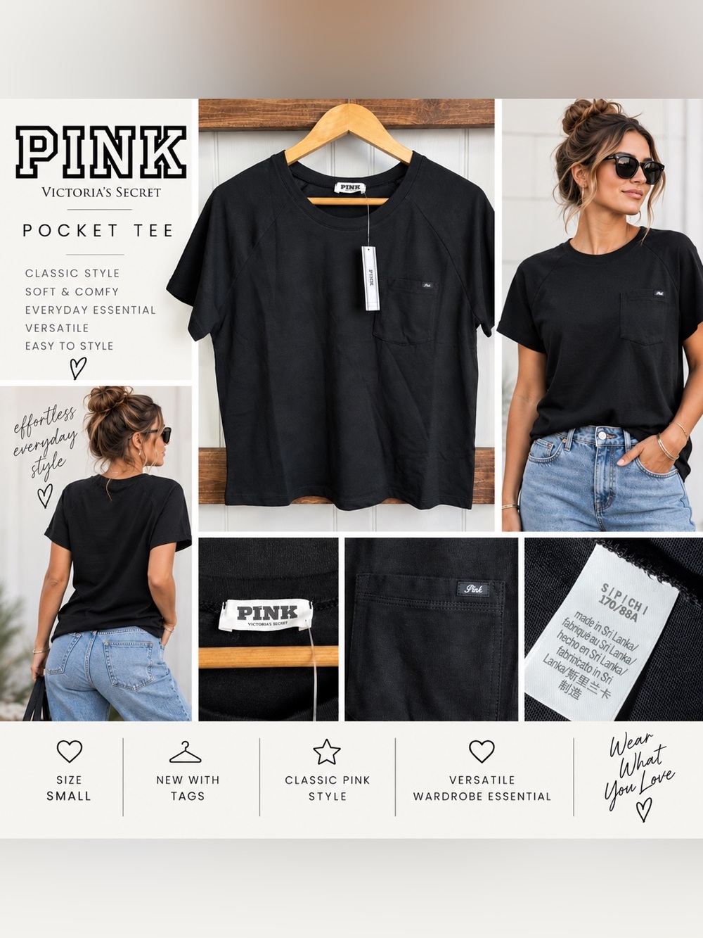 Victoria’s Secret PINK Black Pocket Tee Size S NWT